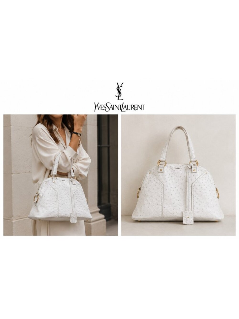 Yves Saint Laurent YSL Muse Large Genuine Ostrich Leather White Rive Gauche Bag
